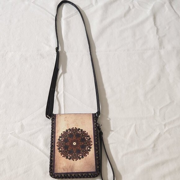 Women's Mandala Print Small Snap Close Vegan Leather Crossbody Cell Phone Bag - Picture 7 of 13